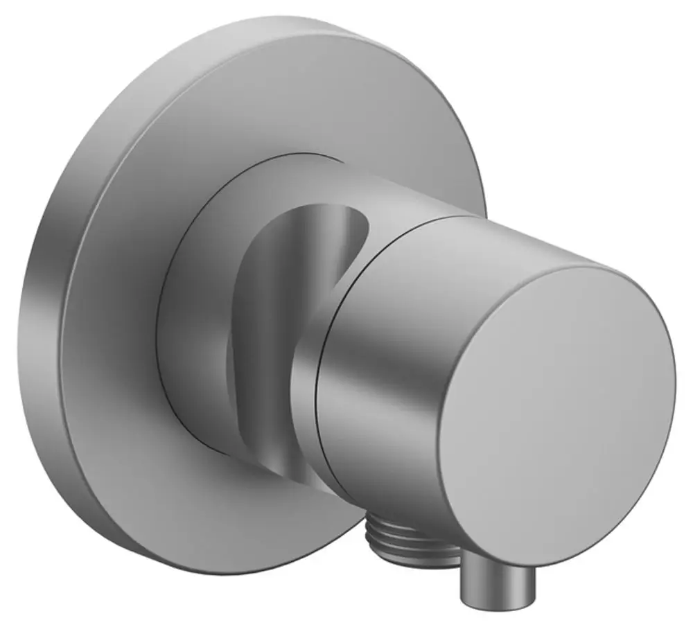 Drehbarer 3-Wege-Wasserhahn von Keuco mit runder, schmaler Bauform und Aluminium-Finish, geeignet für Schlauch- und Brauseanschlüsse.